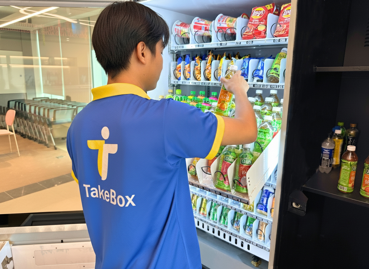 Nhân viên Box Vending đang bổ sung hàng vào máy bán hàng tự động